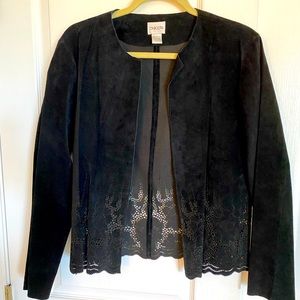 New Black Leather Suede size Medium cut out lacey evening jacket Chico’s - Party